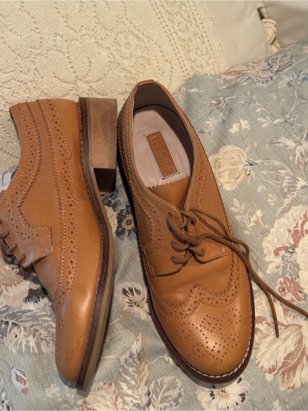 Topshop Tan Brogue Leather Lace-Up Oxfords
